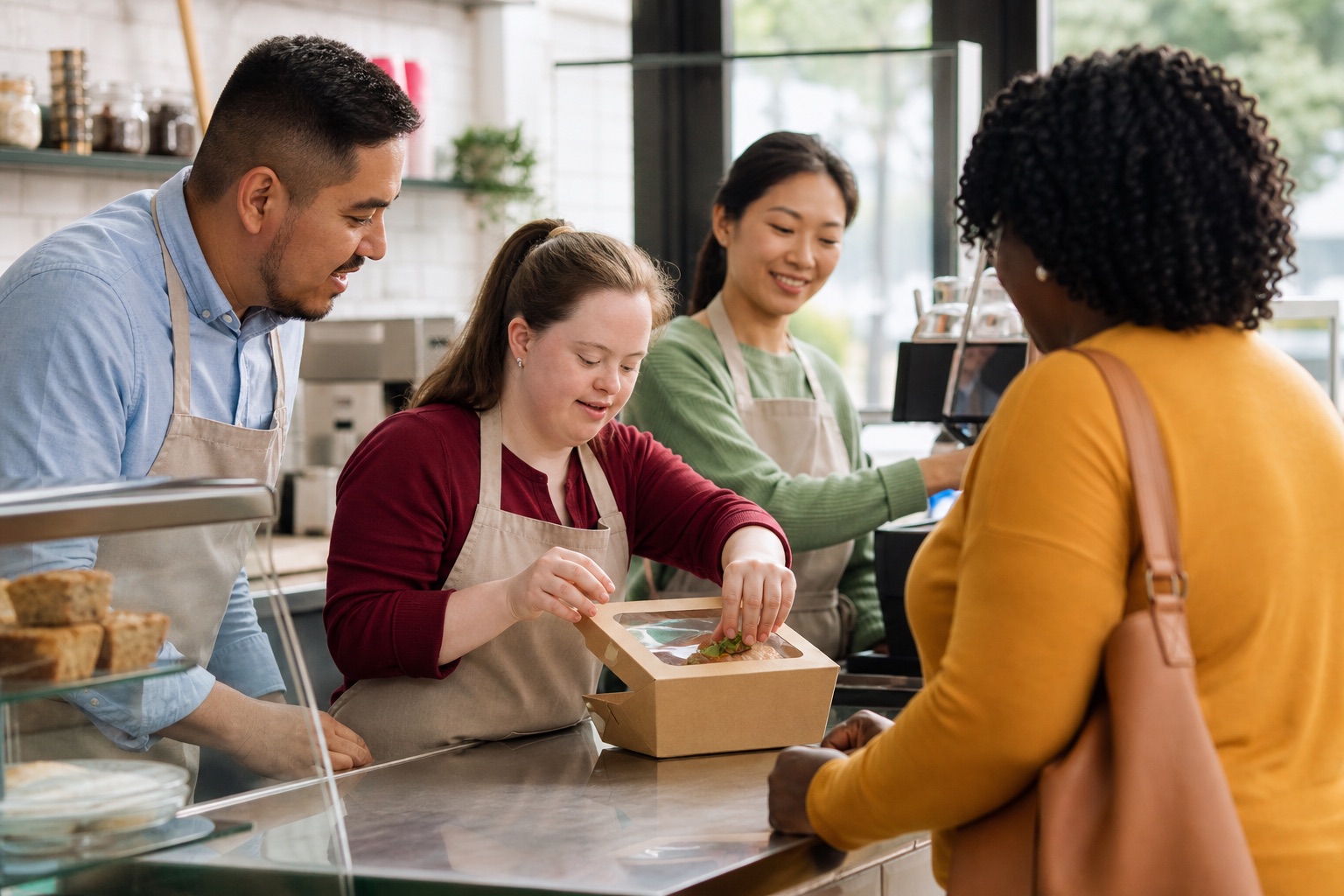 A White employee preparing a café order with a Latino job coach, East Asian coworker, and Black customer