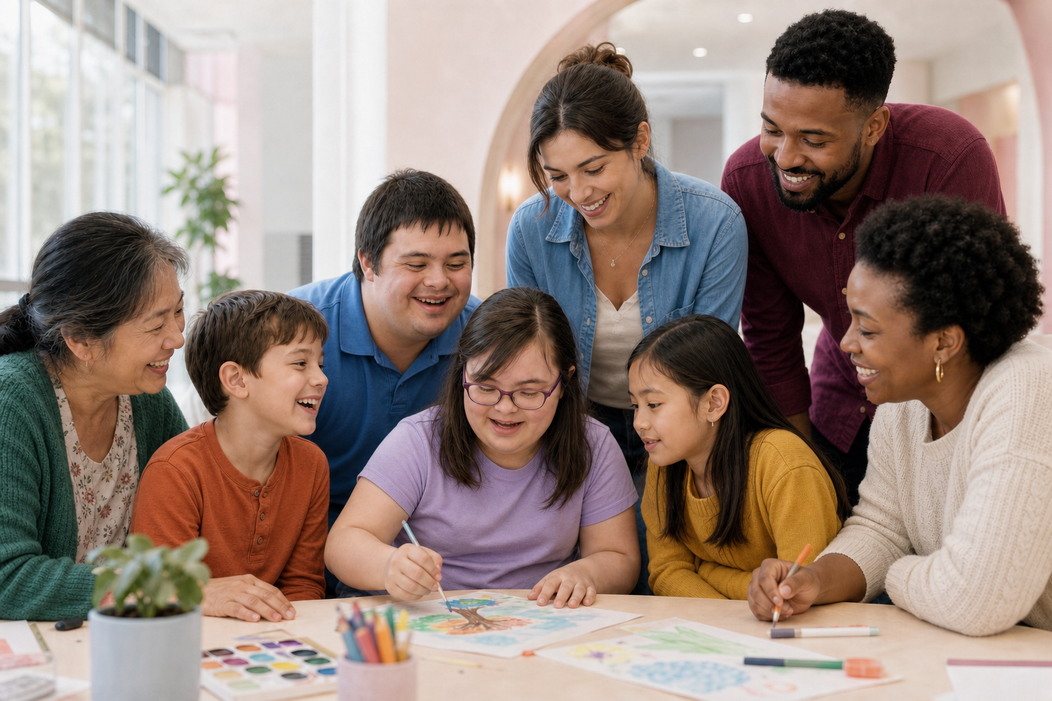 A multicultural group of children, adults, families, and support professionals in varied colorful clothing creating together