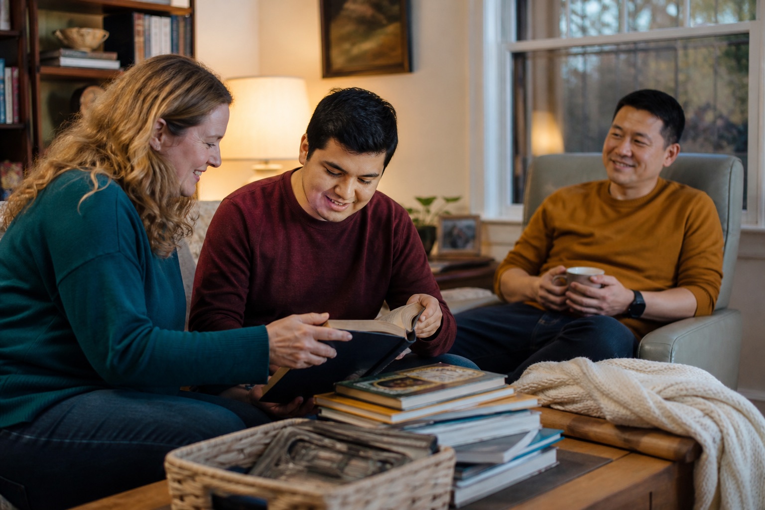 A Latino young adult choosing a book with a White respite professional while an East Asian family caregiver relaxes nearby